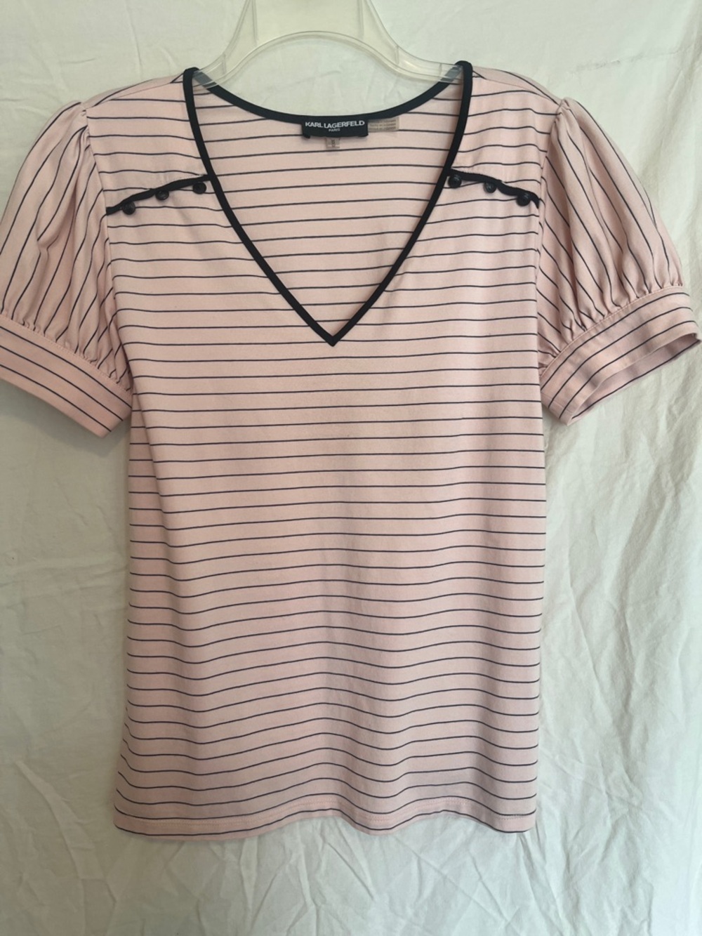 Karl Lagerfeld Pink Striped V-Neck Puff Sleeve Tee with Navy Trim
